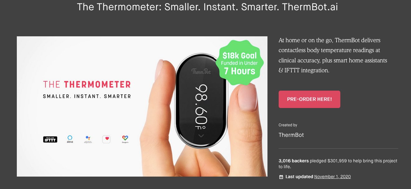 A screenshot of the Kickstarter page shows the product and campaign results.